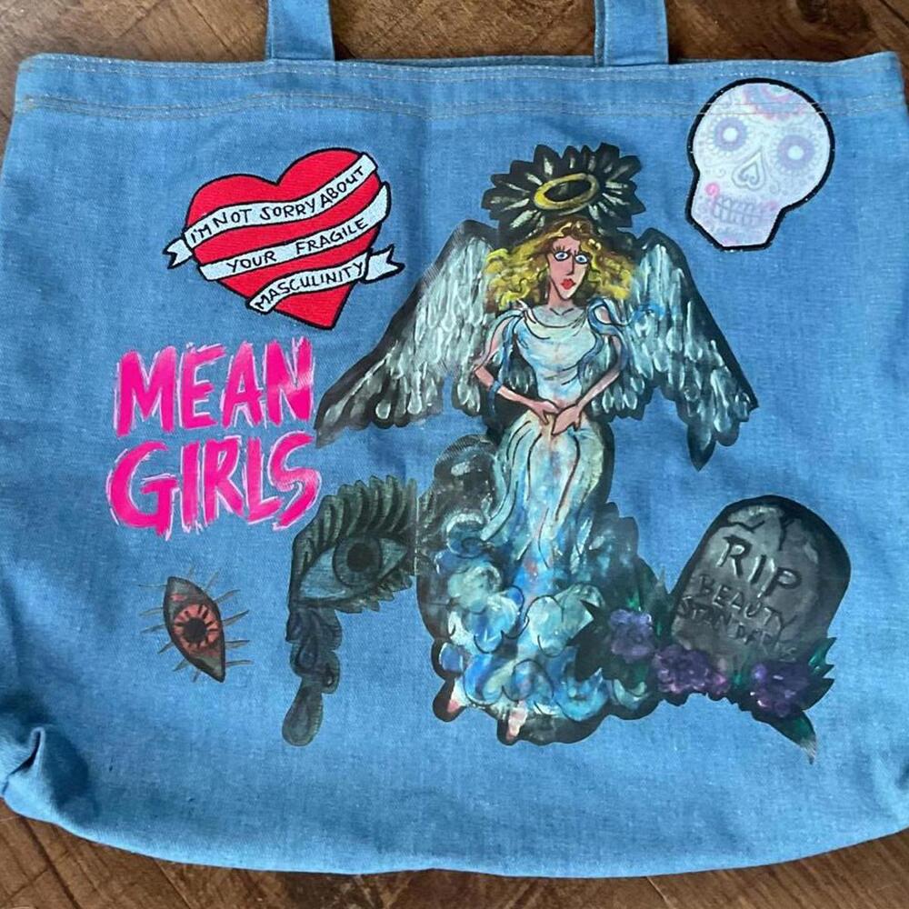 New Handmade Themed Denim Tote Bag with Artistic Prints